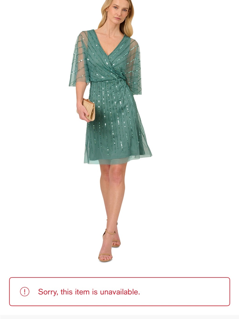 Adrianna Papell Teal Sequined V-Neck Mesh Dress